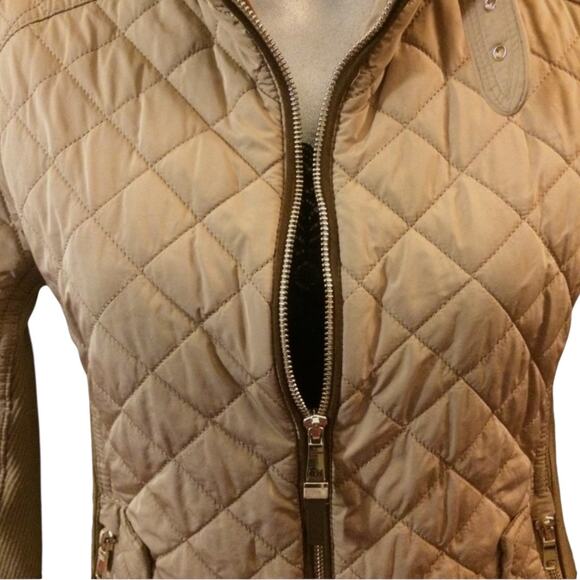 Zara Quilted Moto Jacket Women’s Size Medium Tan Gold Cropped Stretch Side Panel - Picture 4 of 6